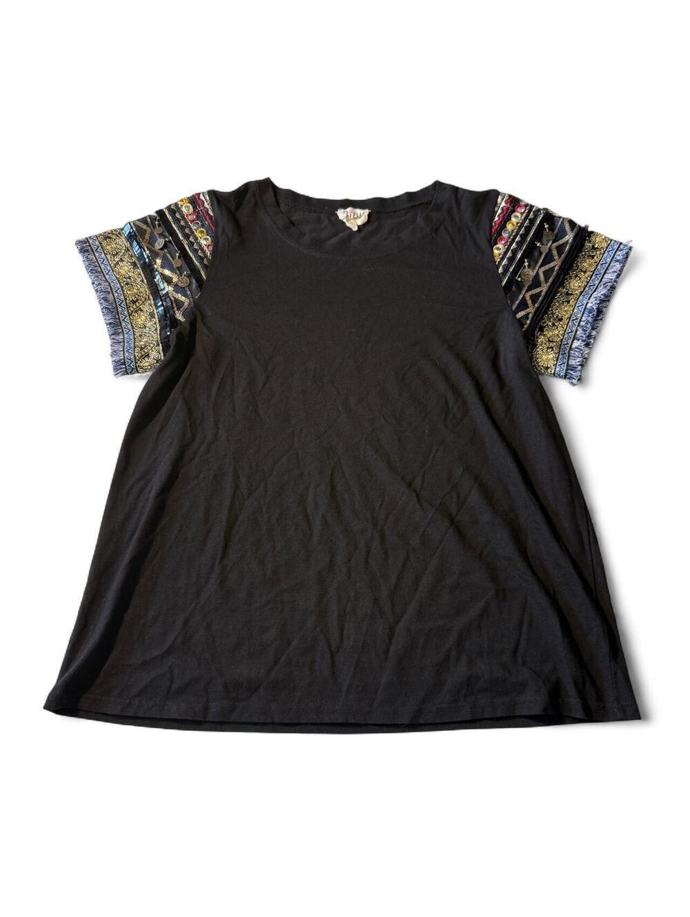 BIBI Black Embellished Coin Sequin Boho T-Shirt